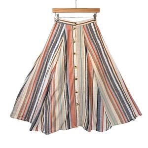 Mlle Gabrielle A-Line Cotton Midi Skirt Stripe Button Front SIZE PS Small Boho